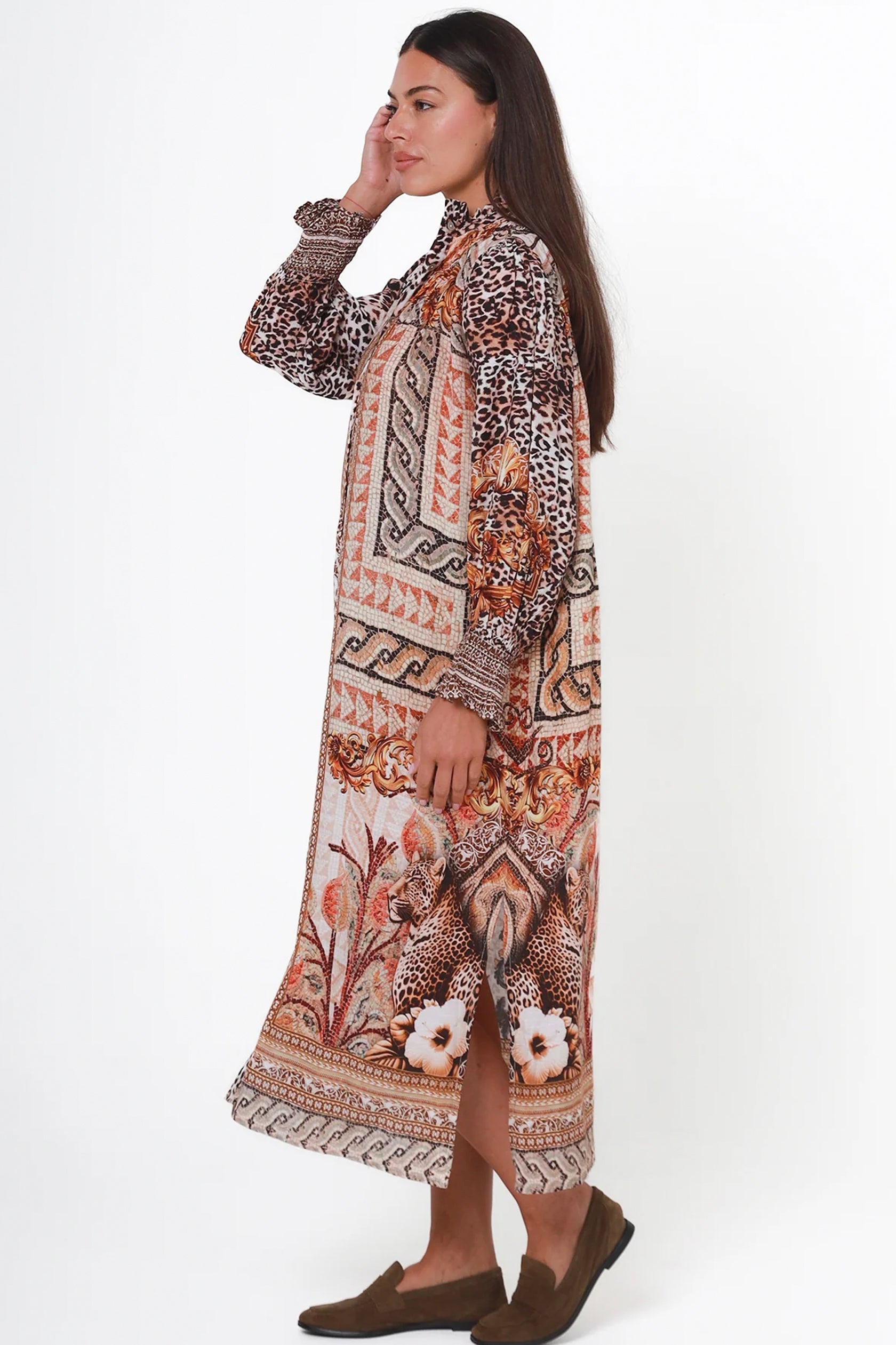 side view of crepe lightweight Cuba Dress which is flowing with floral geometrical design long dress Australian business Cleveland markets