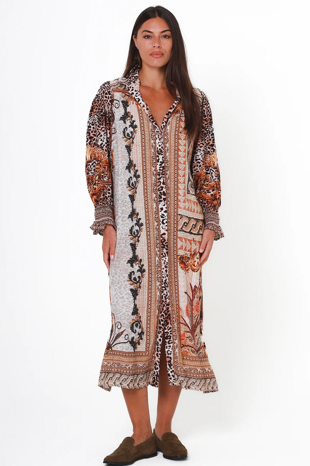 crepe lightweight flowing dress with floral geometrical design long dress Australian business Cleveland markets mid length