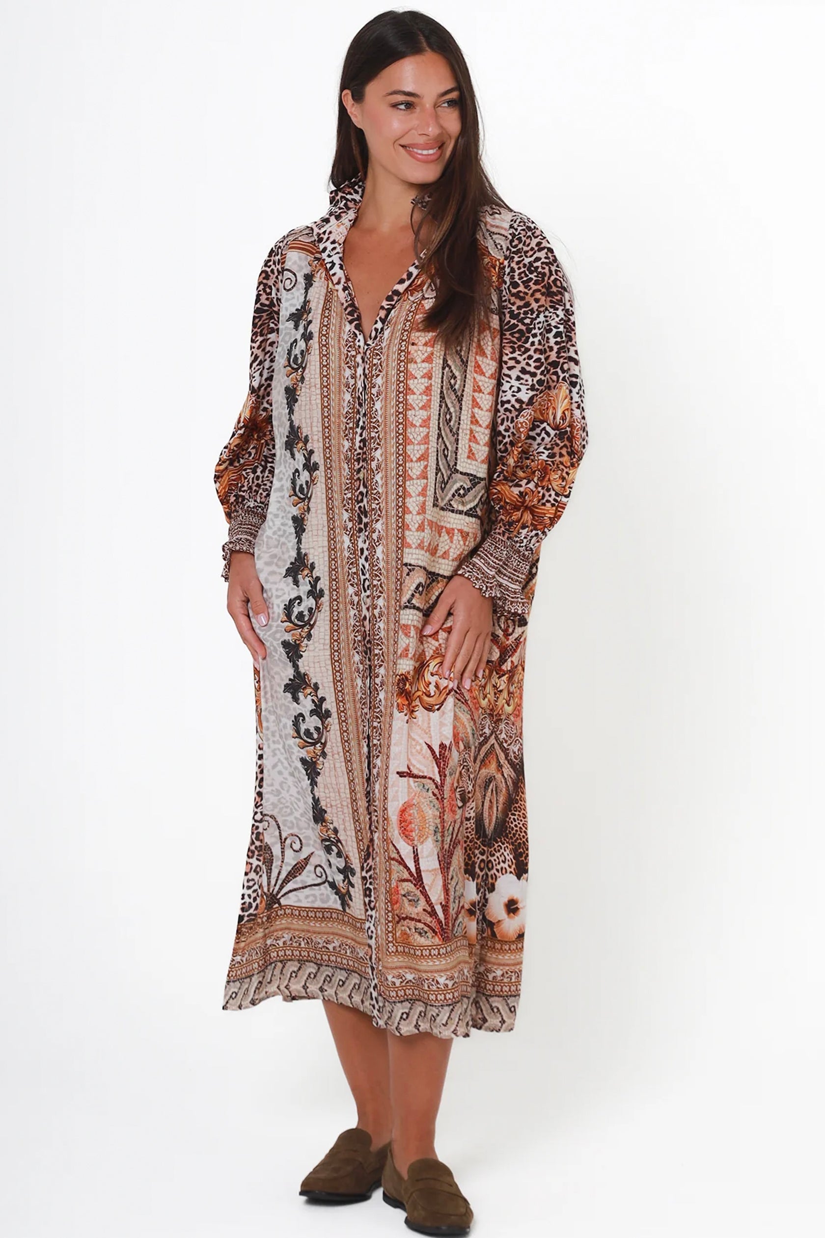 crepe lightweight flowing dress with floral geometrical design long dress Australian business Cleveland markets