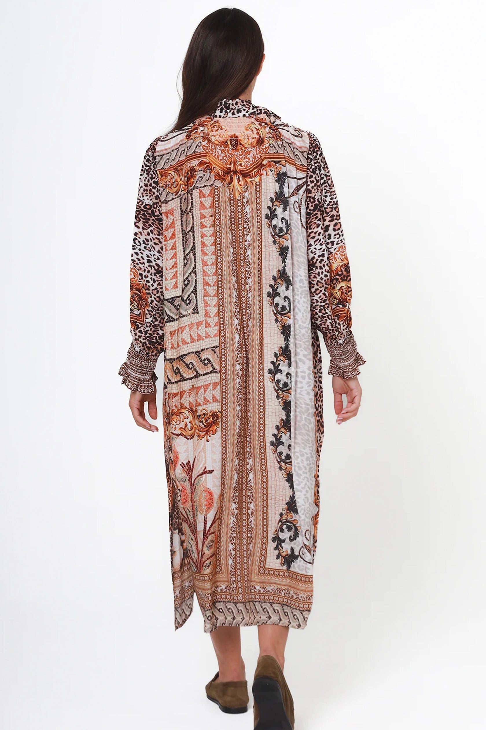 crepe lightweight flowing dress with floral geometrical design long dress Australian business Cleveland markets