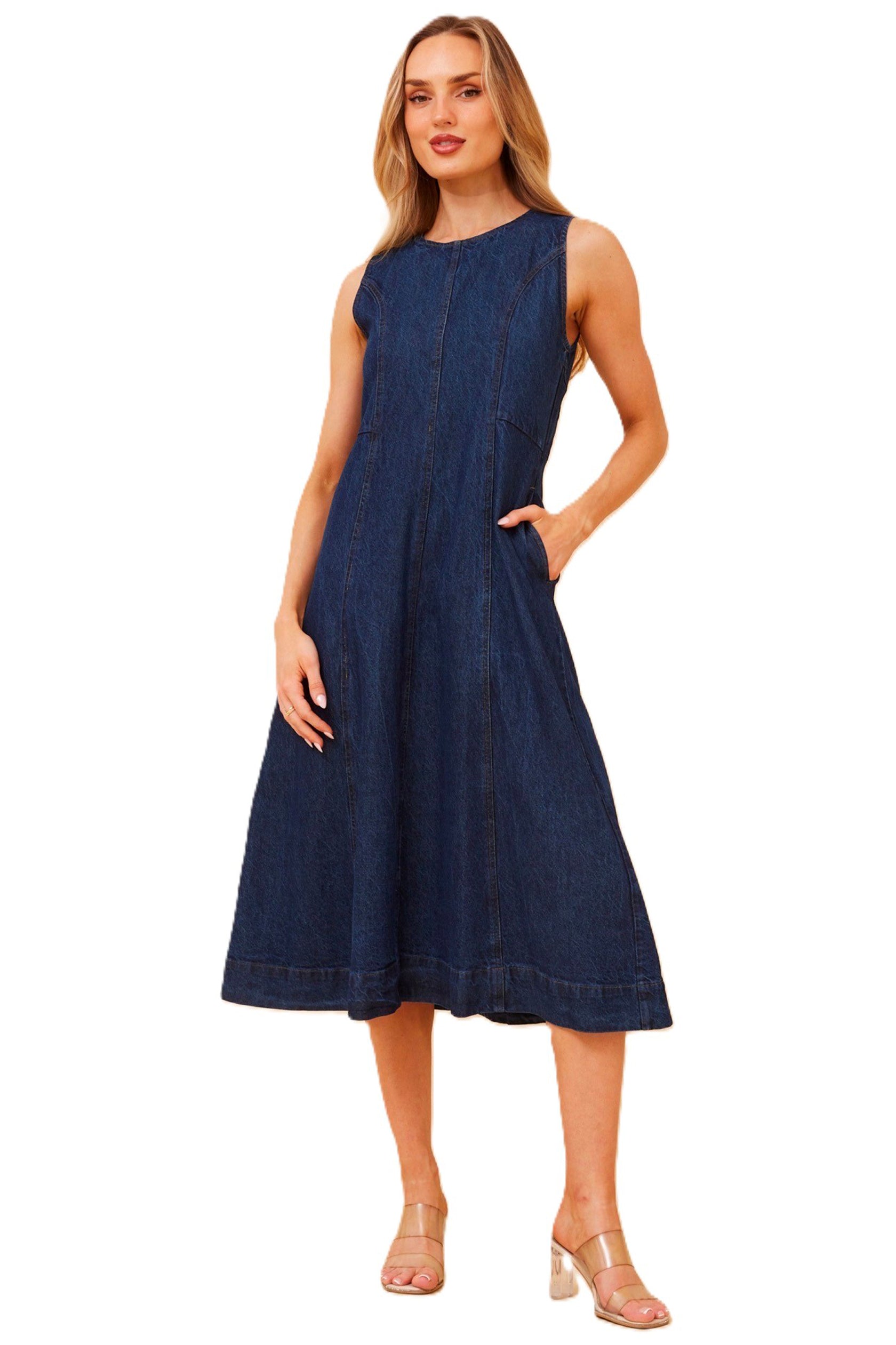 Dark Denim Midi Dress with Pockets and Paneling zipper back Cleveland Markets It's All About You Boutique Bayside Fashion