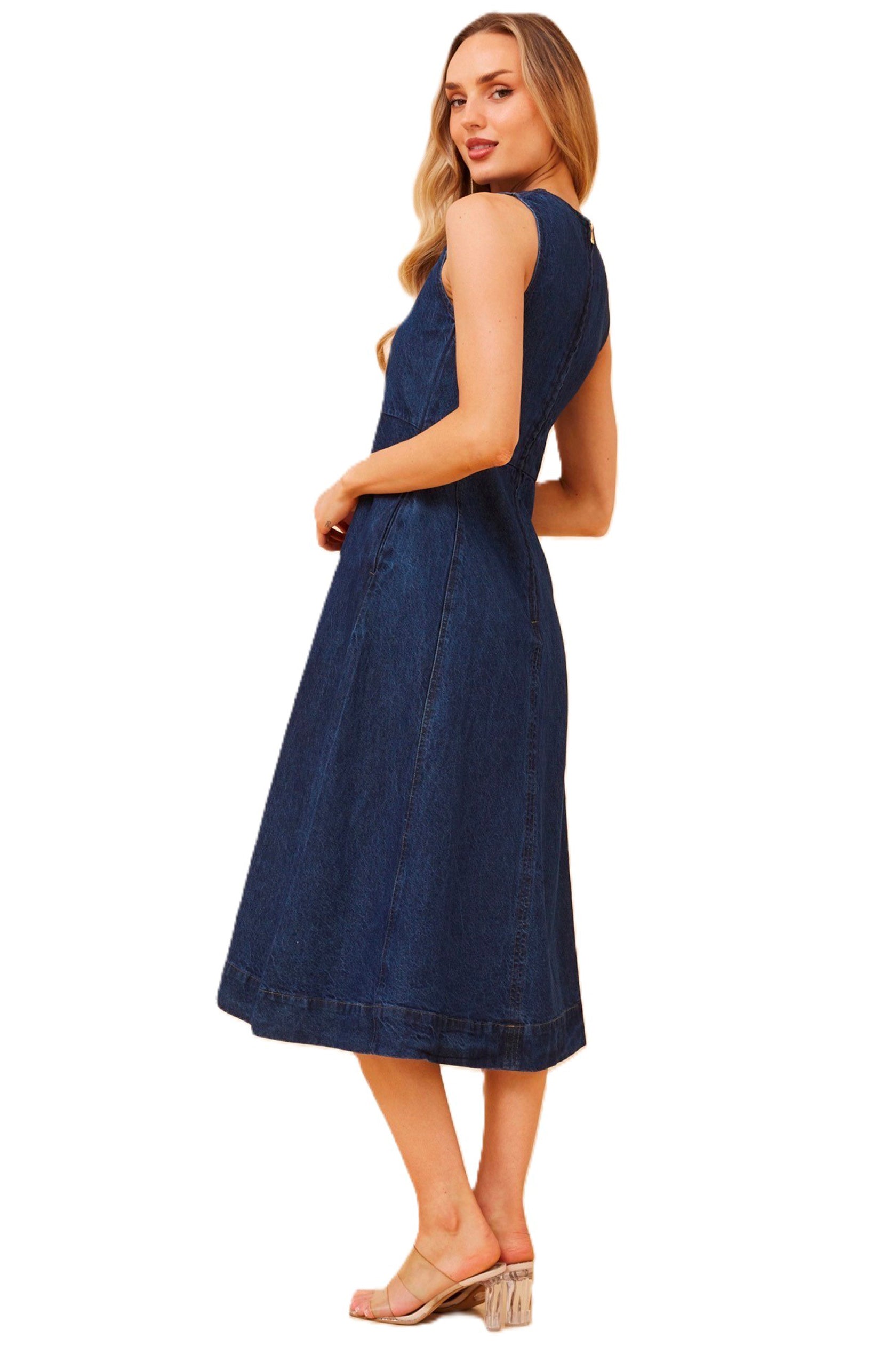 Dark Denim Midi Dress with Pockets and Paneling zipper back Cleveland Markets It's All About You Boutique Bayside Fashion