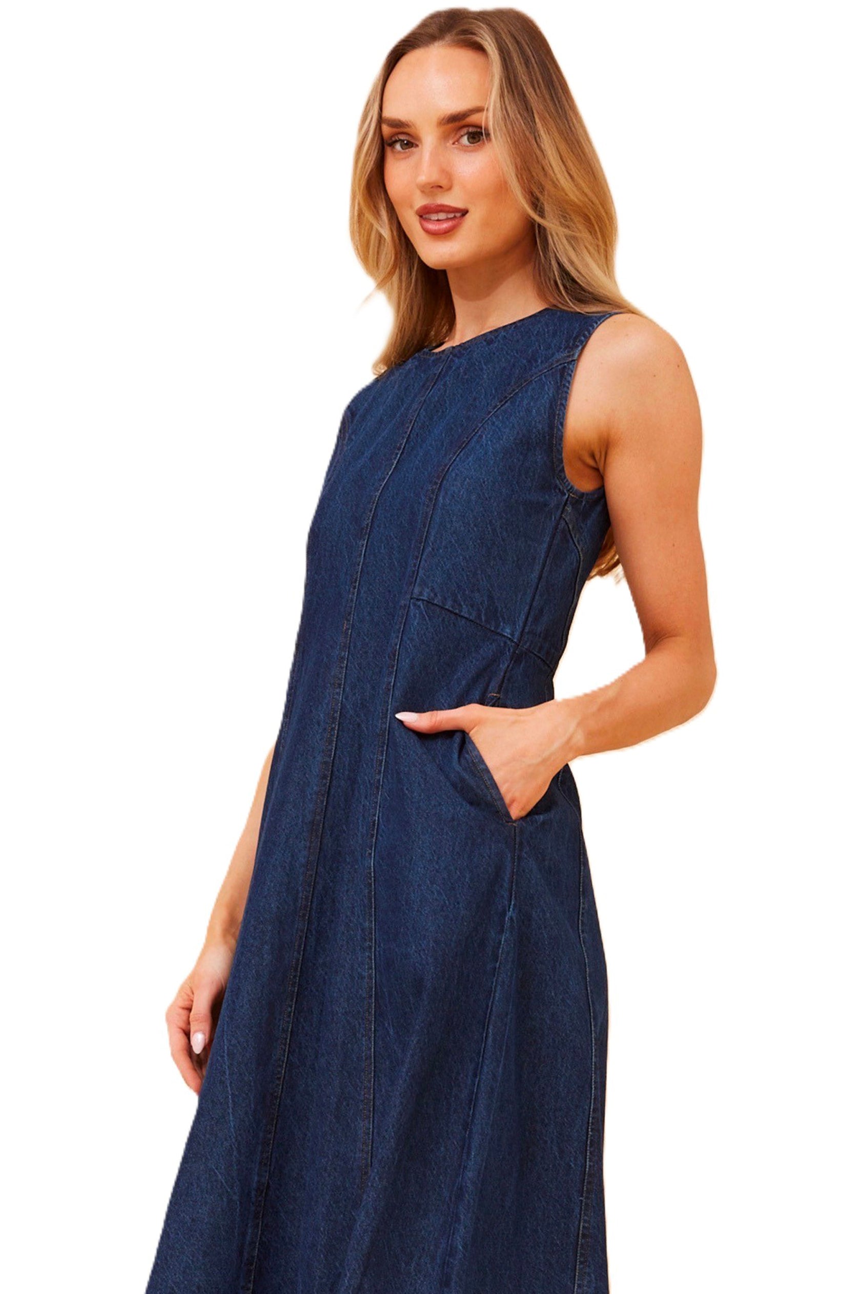 Dark Denim Midi Dress with Pockets and Paneling zipper back Cleveland Markets It's All About You Boutique Bayside Fashion