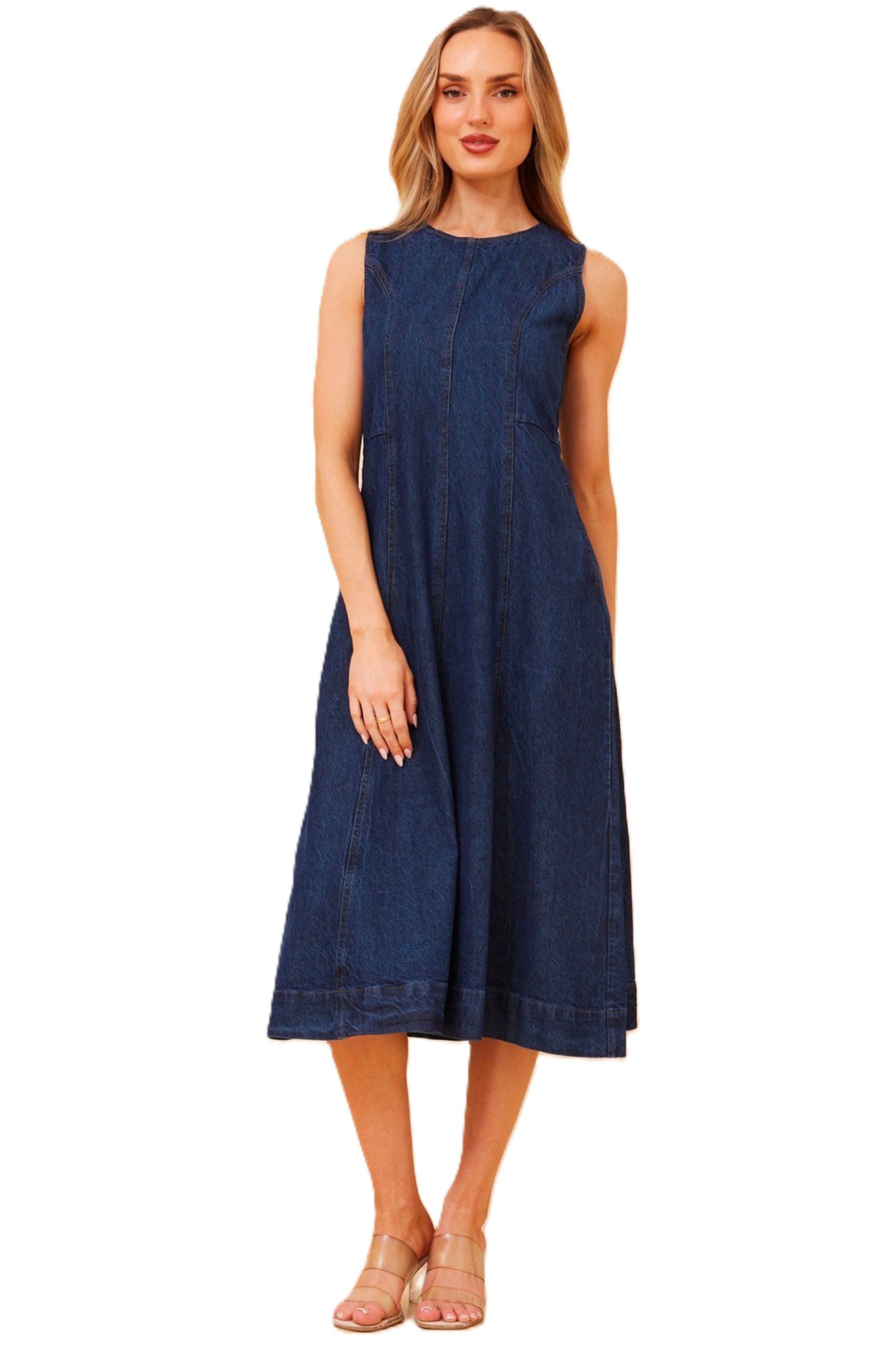 Dark Denim Midi Dress with Pockets and Paneling zipper back Cleveland Markets It's All About You Boutique Bayside Fashion