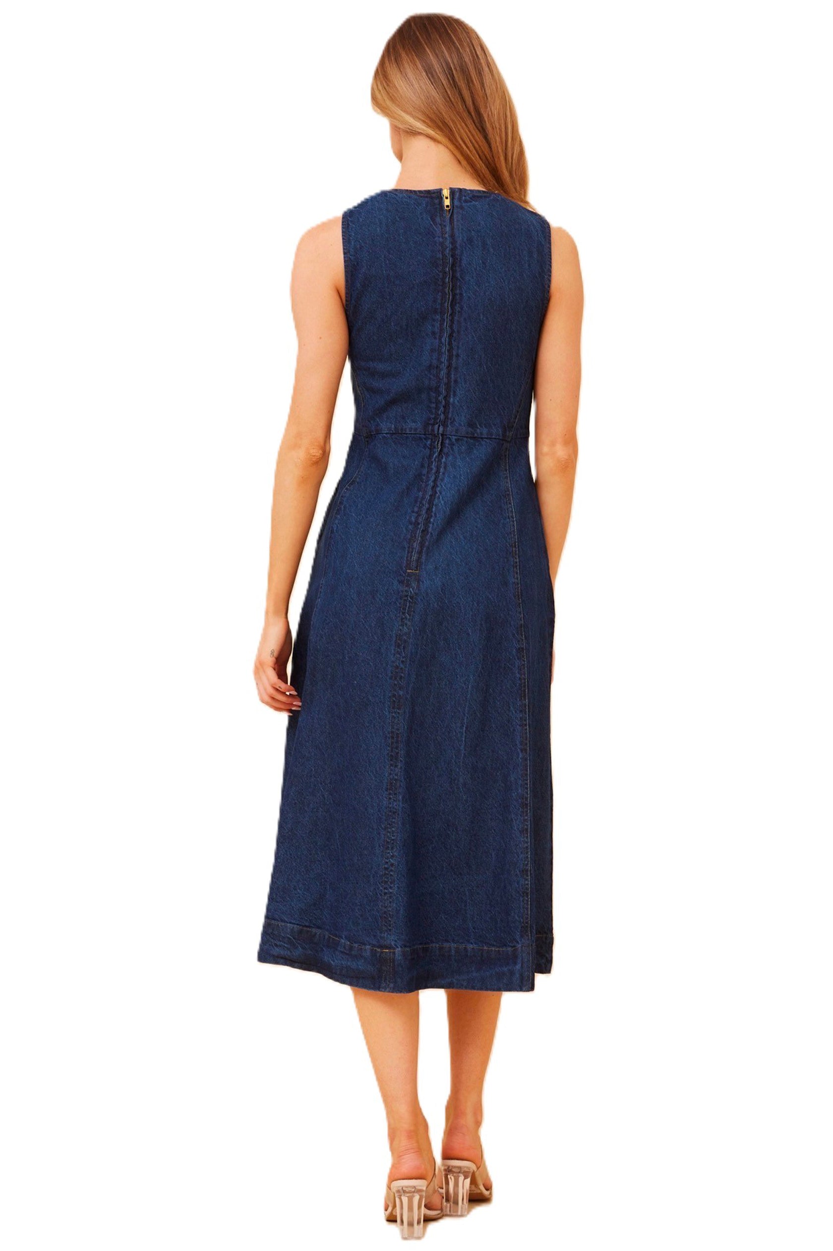 Dark Denim Midi Dress with Pockets and Paneling zipper back Cleveland Markets It's All About You Boutique Bayside Fashion