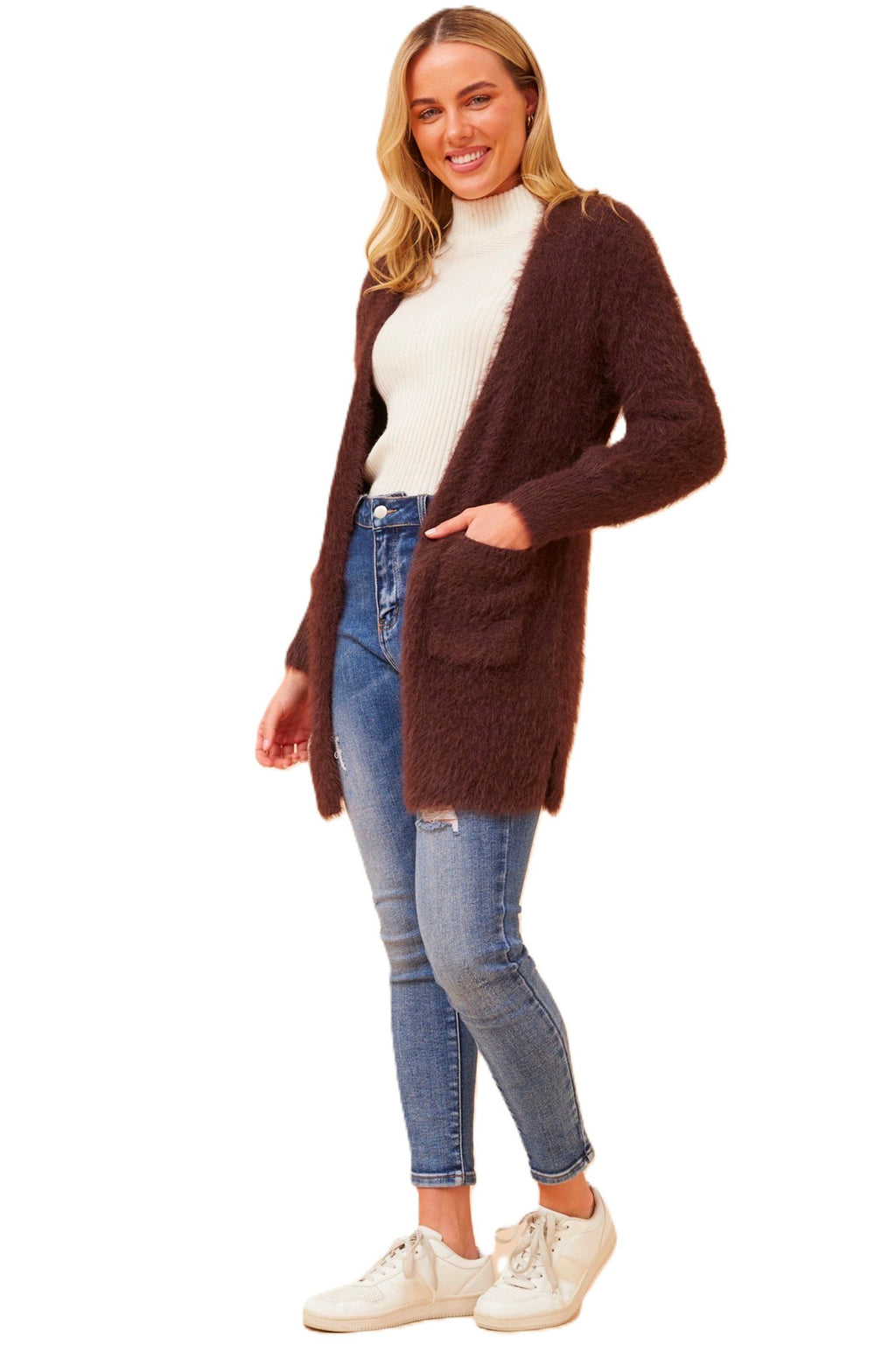 The Leeza Brown Cardigan effortlessly combines comfort and style with its soft eyelash yarn and is ideal for easy transeasonal styling. Pair it with your favorite jeans and a basic tee for a trendy day look, or belt it over a dress for an effortless transition from day to night. It's All About You Boutique Cleveland Markets Brisbane Fashion Jacket