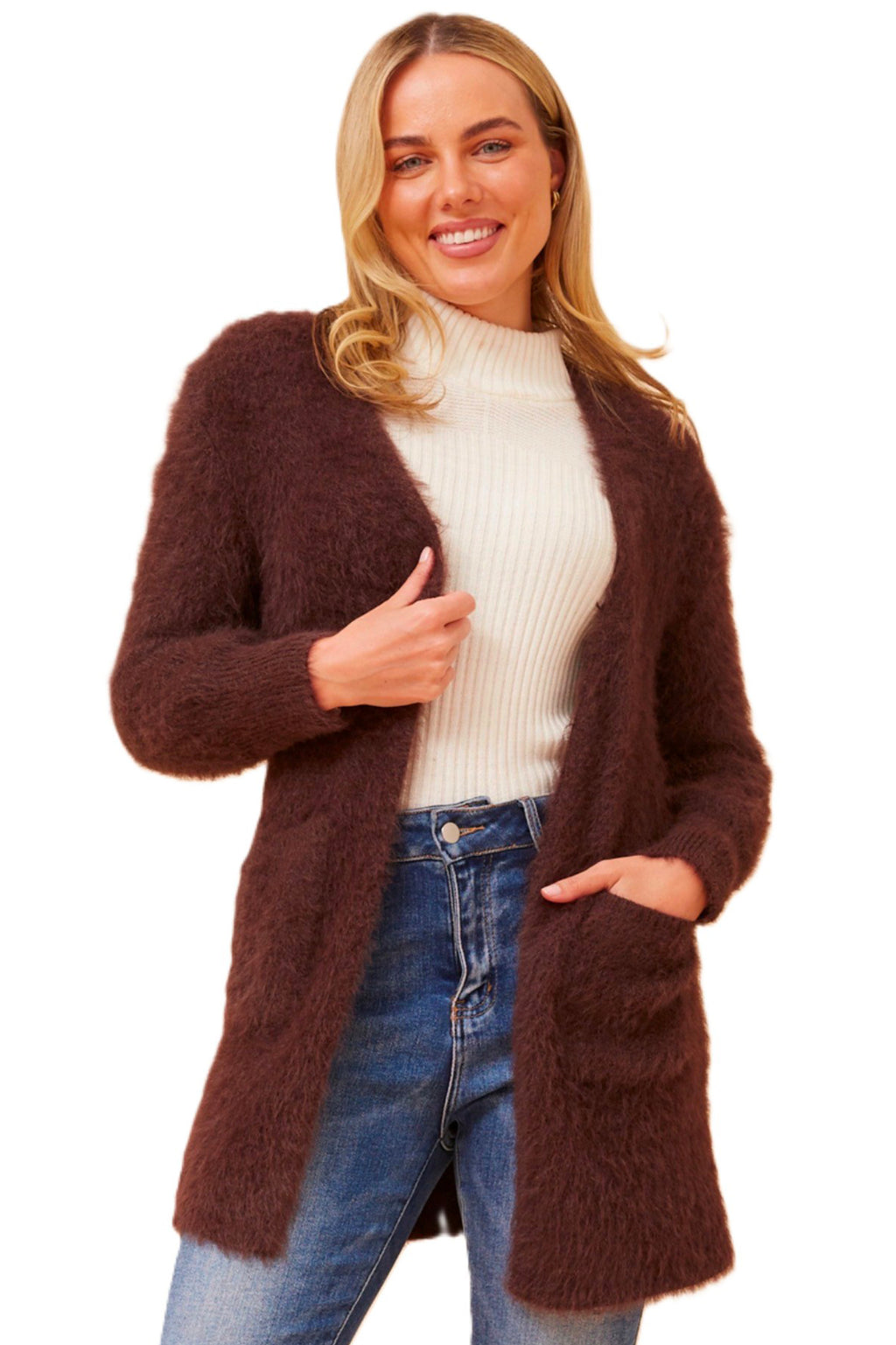 The Leeza Brown Cardigan effortlessly combines comfort and style with its soft eyelash yarn and is ideal for easy transeasonal styling. Pair it with your favorite jeans and a basic tee for a trendy day look, or belt it over a dress for an effortless transition from day to night. It's All About You Boutique Cleveland Markets Brisbane Fashion Jacket