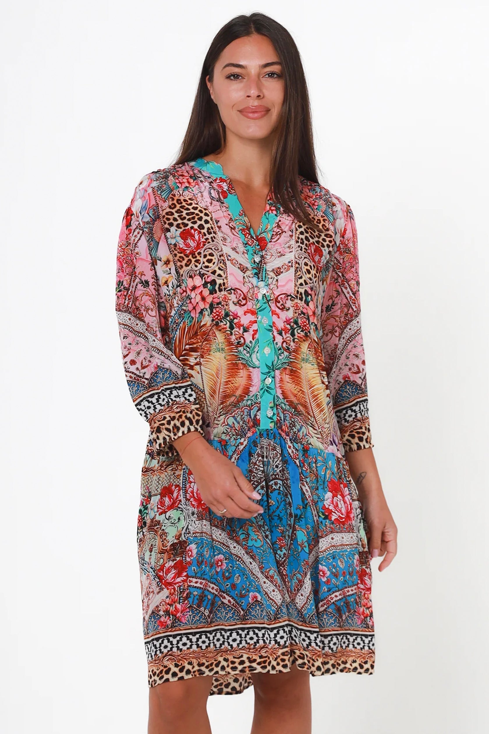 Floral dress with animal print lightweight good for beach feather design flowing mid length dress Cleveland markets Australian business fashion