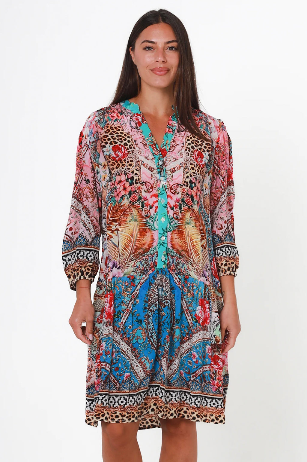 Floral dress with animal print lightweight good for beach feather design flowing mid length dress Cleveland markets Australian business fashion