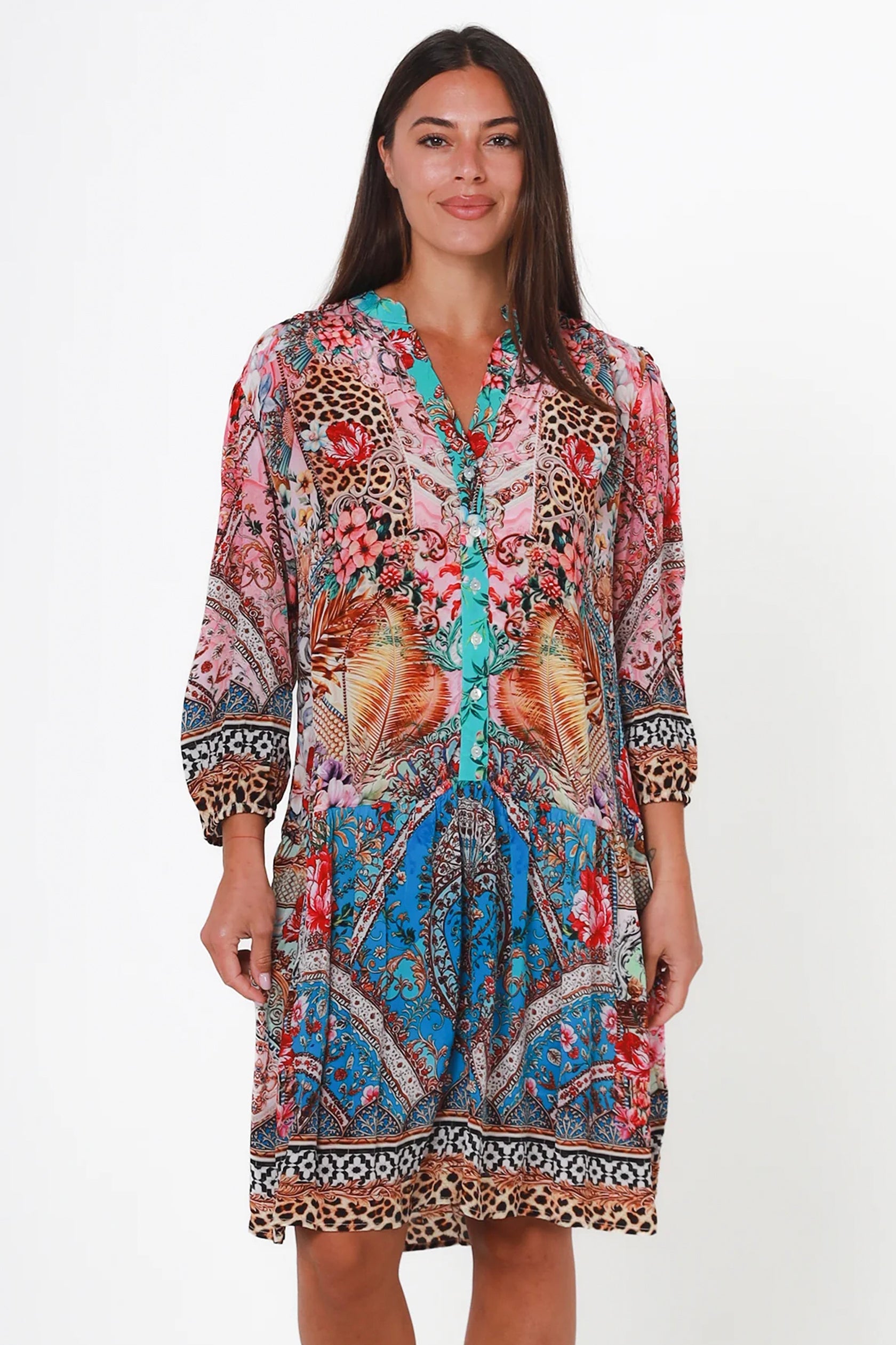 Floral dress with animal print lightweight good for beach feather design flowing mid length dress Cleveland markets Australian business fashion