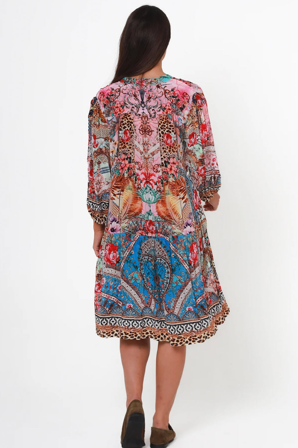 Maddison back of floral dress with animal print lightweight good for beach feather design flowing mid length dress Cleveland markets Australian business fashion