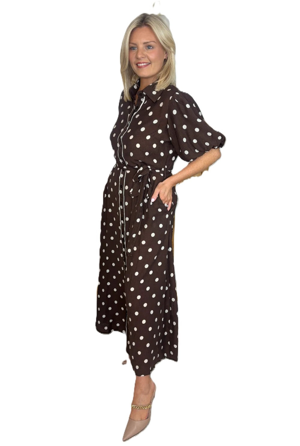 Tessa Maxi Shirt Dress in Chocolate Polka Dot